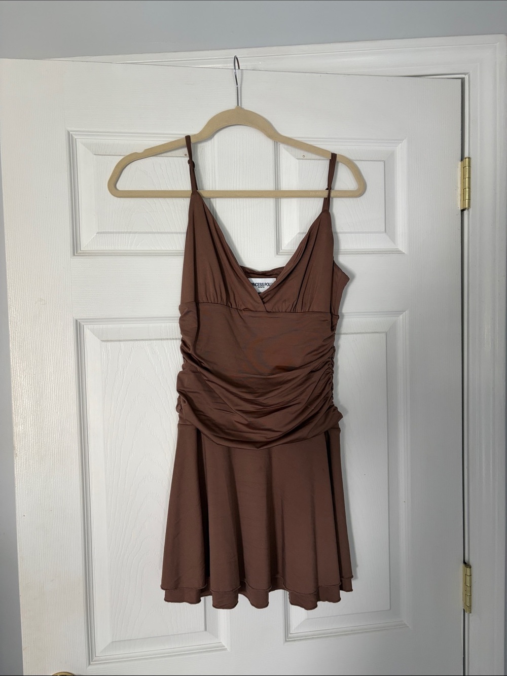 Princess Polly Brown Ruched Spaghetti-Strap Mini Dress